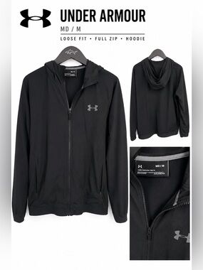 Under Armour ColdGear Full Zip Hooded Jacket Black Men’s Medium M Loose Fit